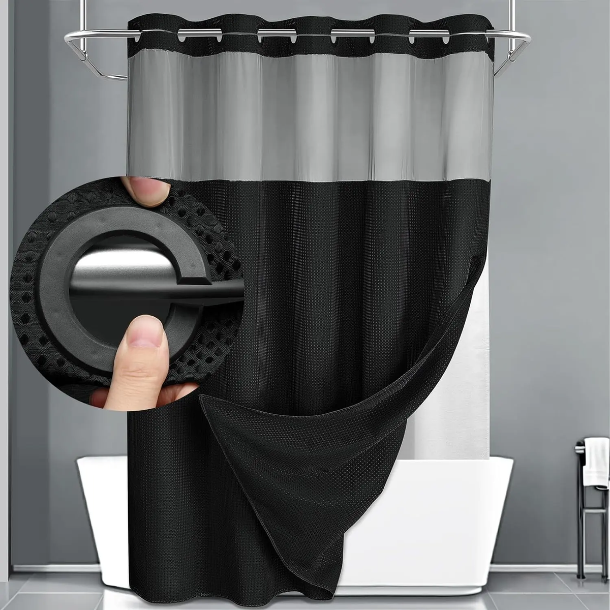 No Hook Washable Waffle Weave Shower Curtain with Snap in Liner -Waterproof Double Layer Shower Curtain with Washableinner Liner, 72 X75 Inch Showercurtain