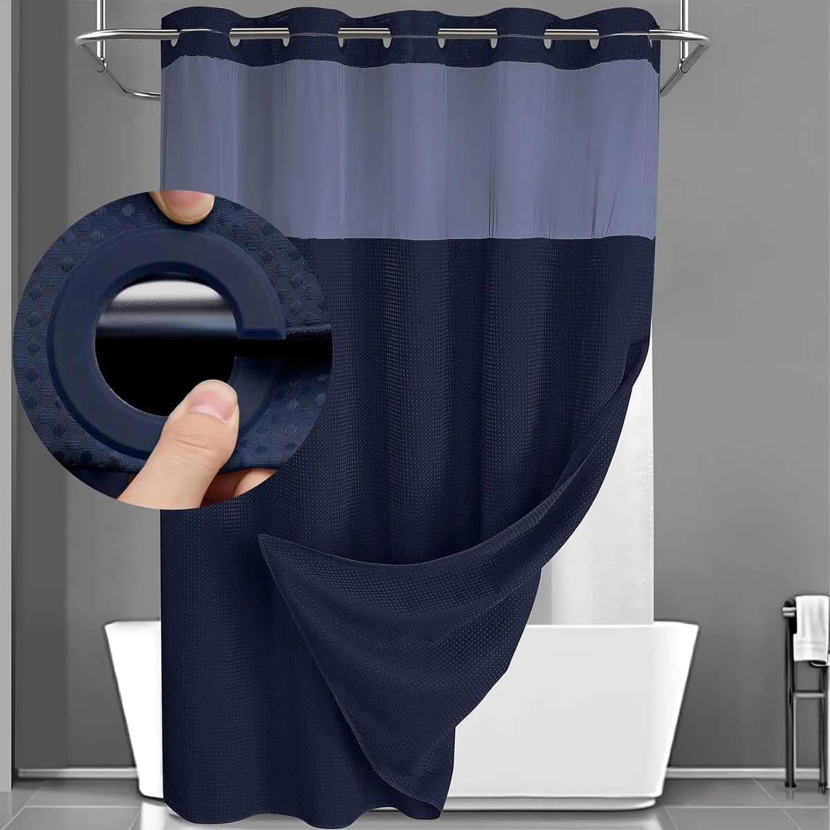 No Hook Washable Waffle Weave Shower Curtain with Snap in Liner -Waterproof Double Layer Shower Curtain with Washableinner Liner, 72 X75 Inch Showercurtain