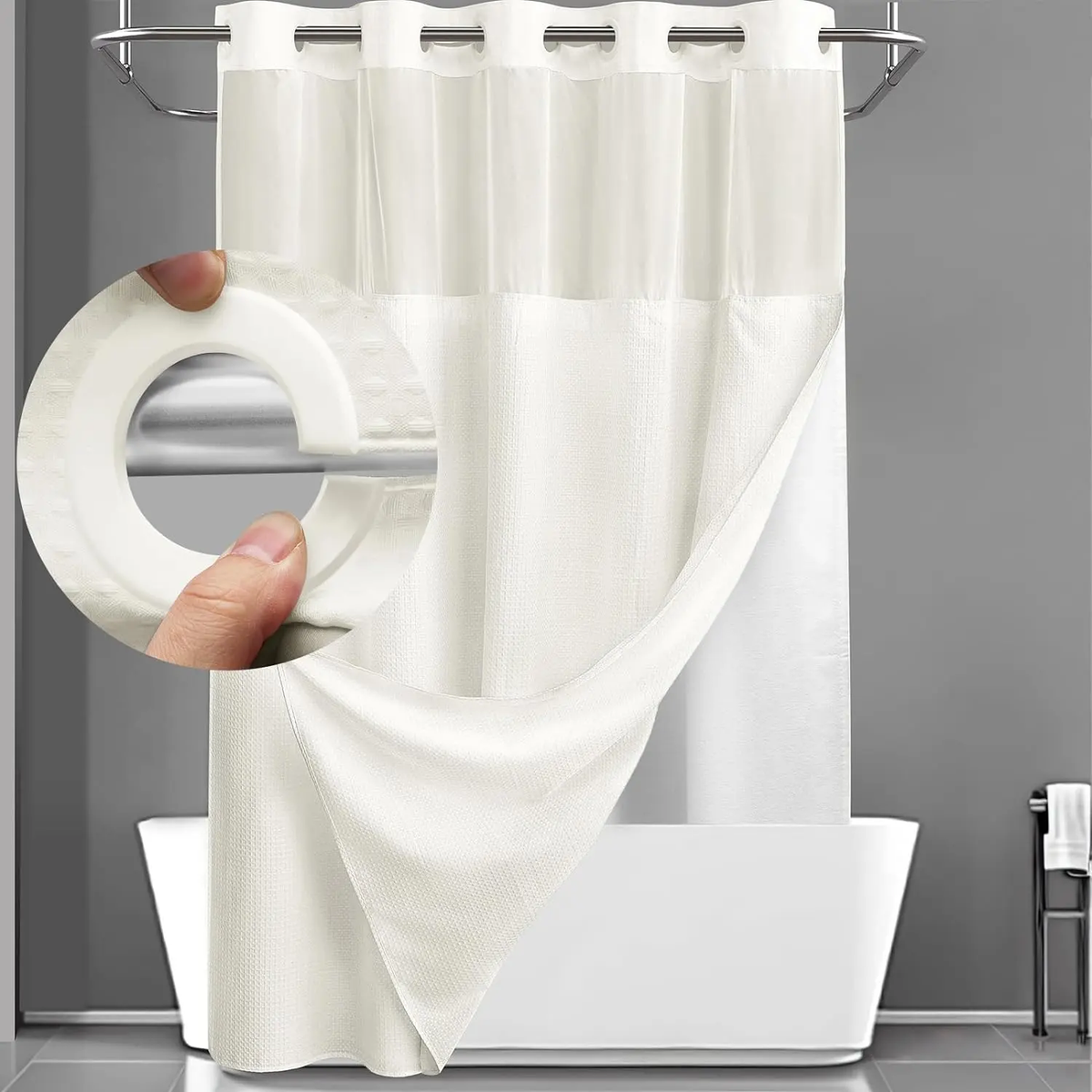 No Hook Washable Waffle Weave Shower Curtain with Snap in Liner -Waterproof Double Layer Shower Curtain with Washableinner Liner, 72 X75 Inch Showercurtain