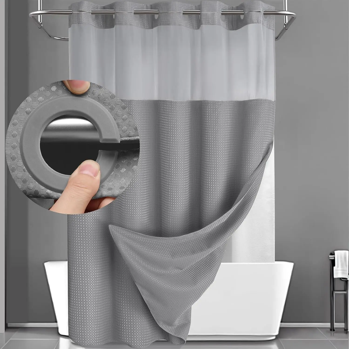 No Hook Washable Waffle Weave Shower Curtain with Snap in Liner -Waterproof Double Layer Shower Curtain with Washableinner Liner, 72 X75 Inch Showercurtain
