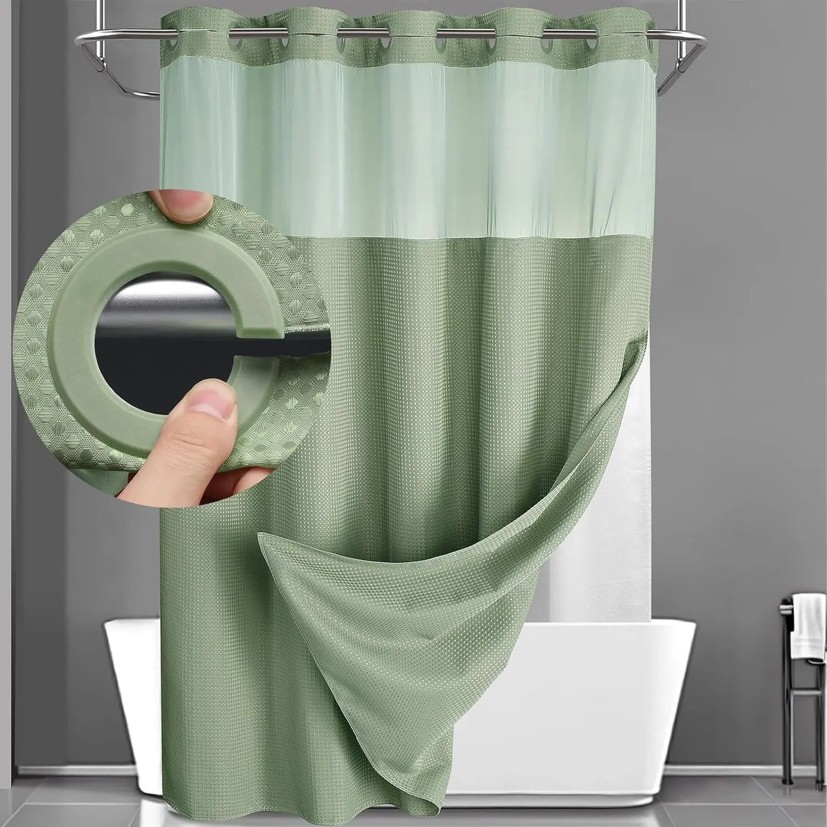 No Hook Washable Waffle Weave Shower Curtain with Snap in Liner -Waterproof Double Layer Shower Curtain with Washableinner Liner, 72 X75 Inch Showercurtain