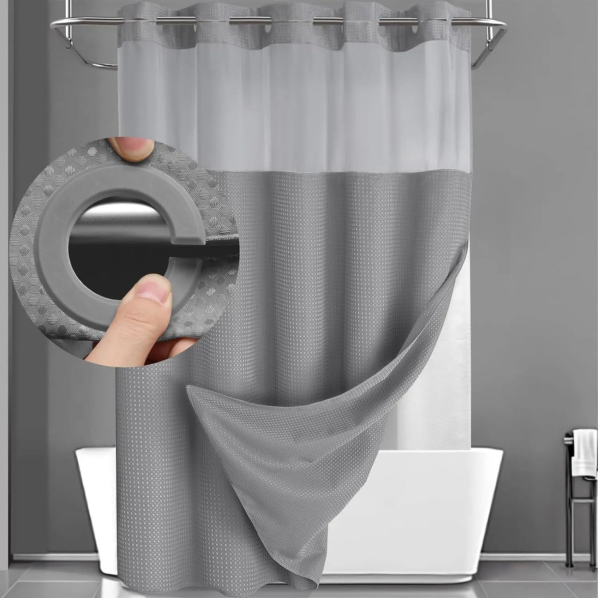 No Hook Washable Waffle Weave Shower Curtain with Snap in Liner -Waterproof Double Layer Shower Curtain with Washableinner Liner, 72 X75 Inch Showercurtain