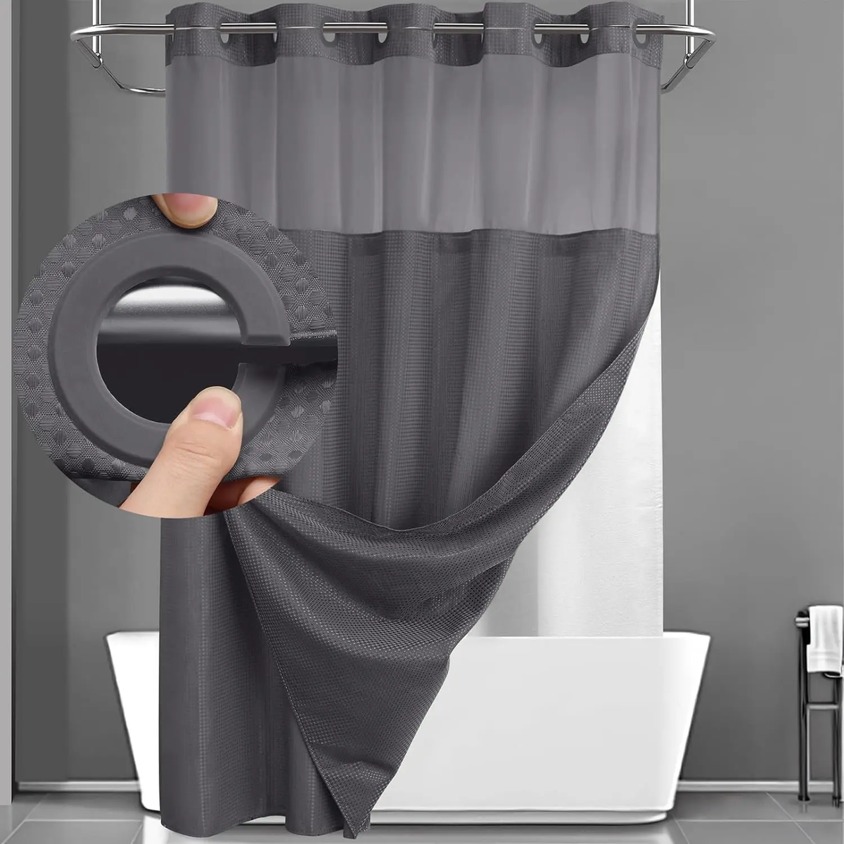 No Hook Washable Waffle Weave Shower Curtain with Snap in Liner -Waterproof Double Layer Shower Curtain with Washableinner Liner, 72 X75 Inch Showercurtain