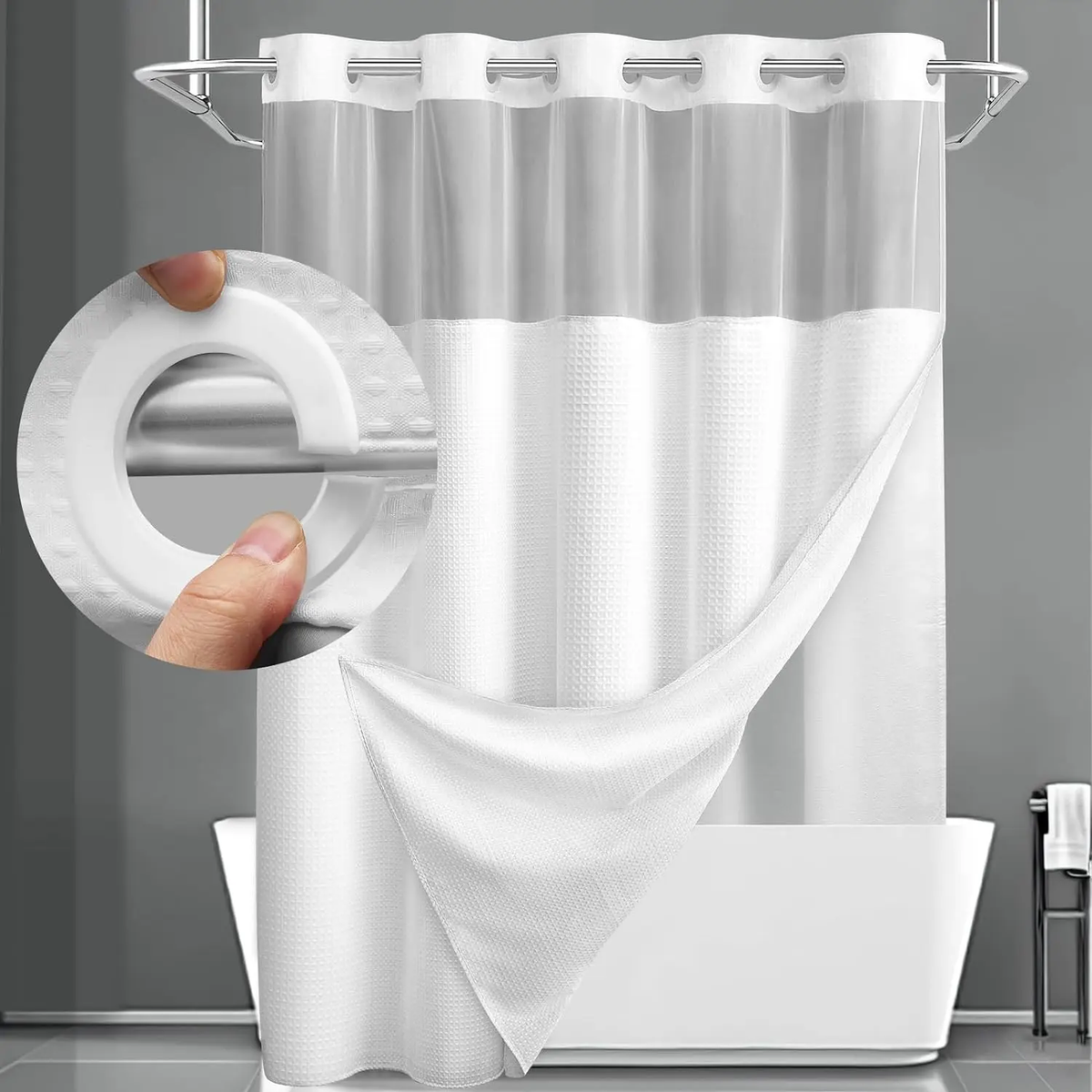 No Hook Washable Waffle Weave Shower Curtain with Snap in Liner -Waterproof Double Layer Shower Curtain with Washableinner Liner, 72 X75 Inch Showercurtain