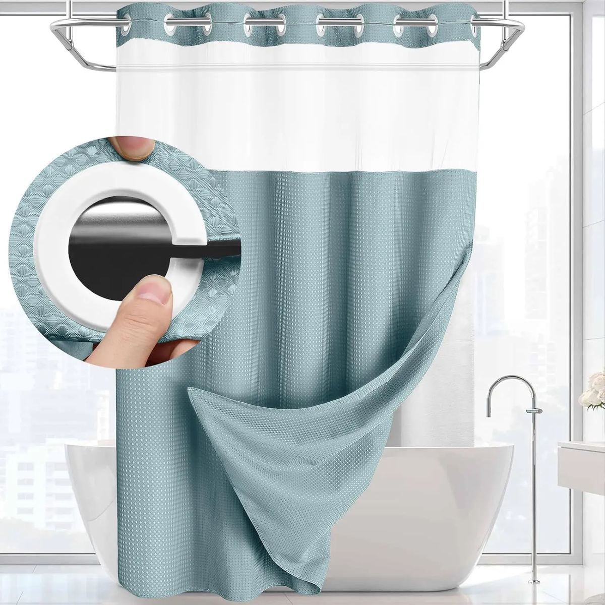 No Hook Washable Waffle Weave Shower Curtain with Snap in Liner -Waterproof Double Layer Shower Curtain with Washableinner Liner, 72 X75 Inch Showercurtain