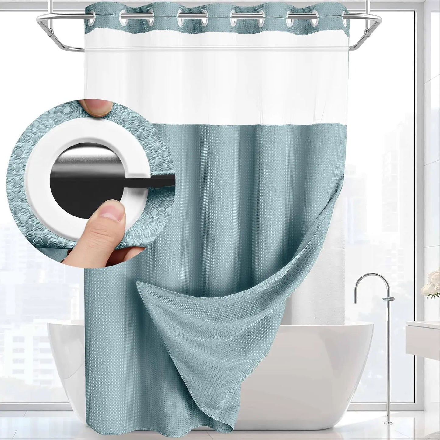 No Hook Washable Waffle Weave Shower Curtain with Snap in Liner -Waterproof Double Layer Shower Curtain with Washableinner Liner, 72 X75 Inch Showercurtain