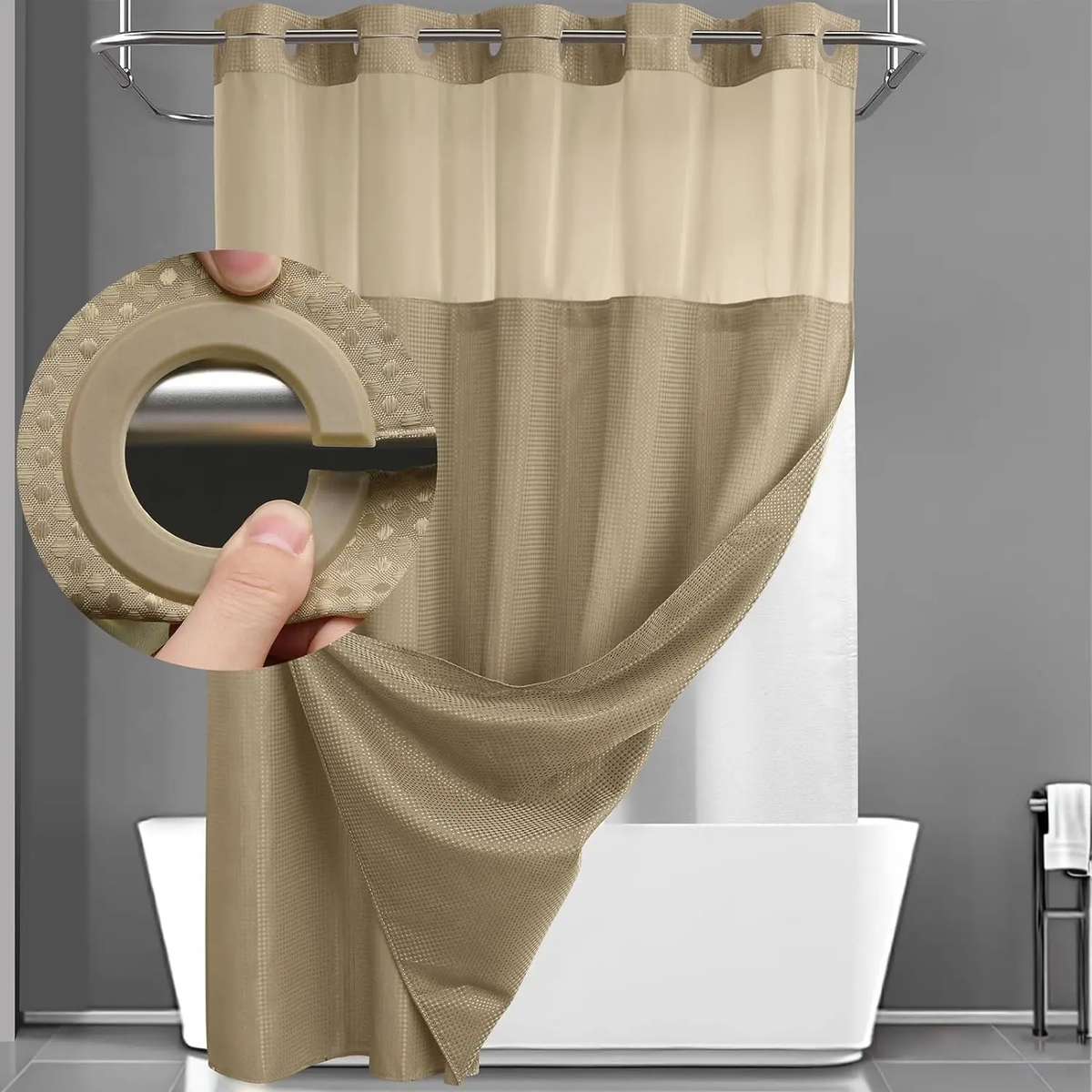No Hook Washable Waffle Weave Shower Curtain with Snap in Liner -Waterproof Double Layer Shower Curtain with Washableinner Liner, 72 X75 Inch Showercurtain