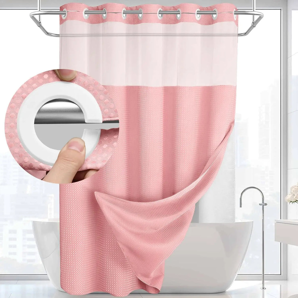 No Hook Washable Waffle Weave Shower Curtain with Snap in Liner -Waterproof Double Layer Shower Curtain with Washableinner Liner, 72 X75 Inch Showercurtain