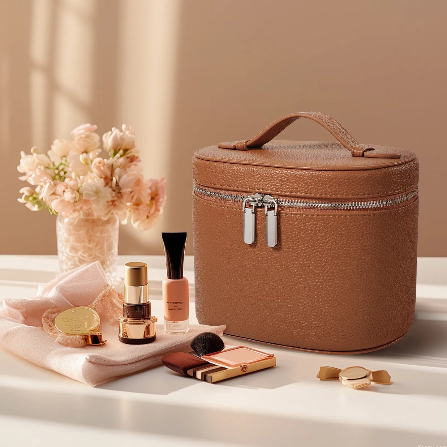 Trending Makeup Organizer Bag with Removable Divider – Portable Travel Toiletry Cosmetic Case for Women and Girls – PU Material Vanity Storage Box Compact Makeup Bag